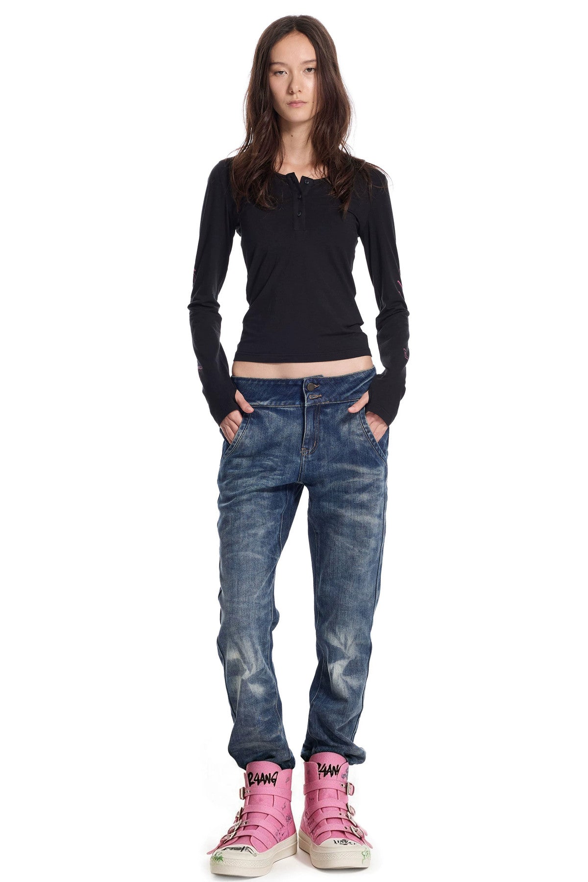 Snowflake Stone-Washed High-Waist Jeans