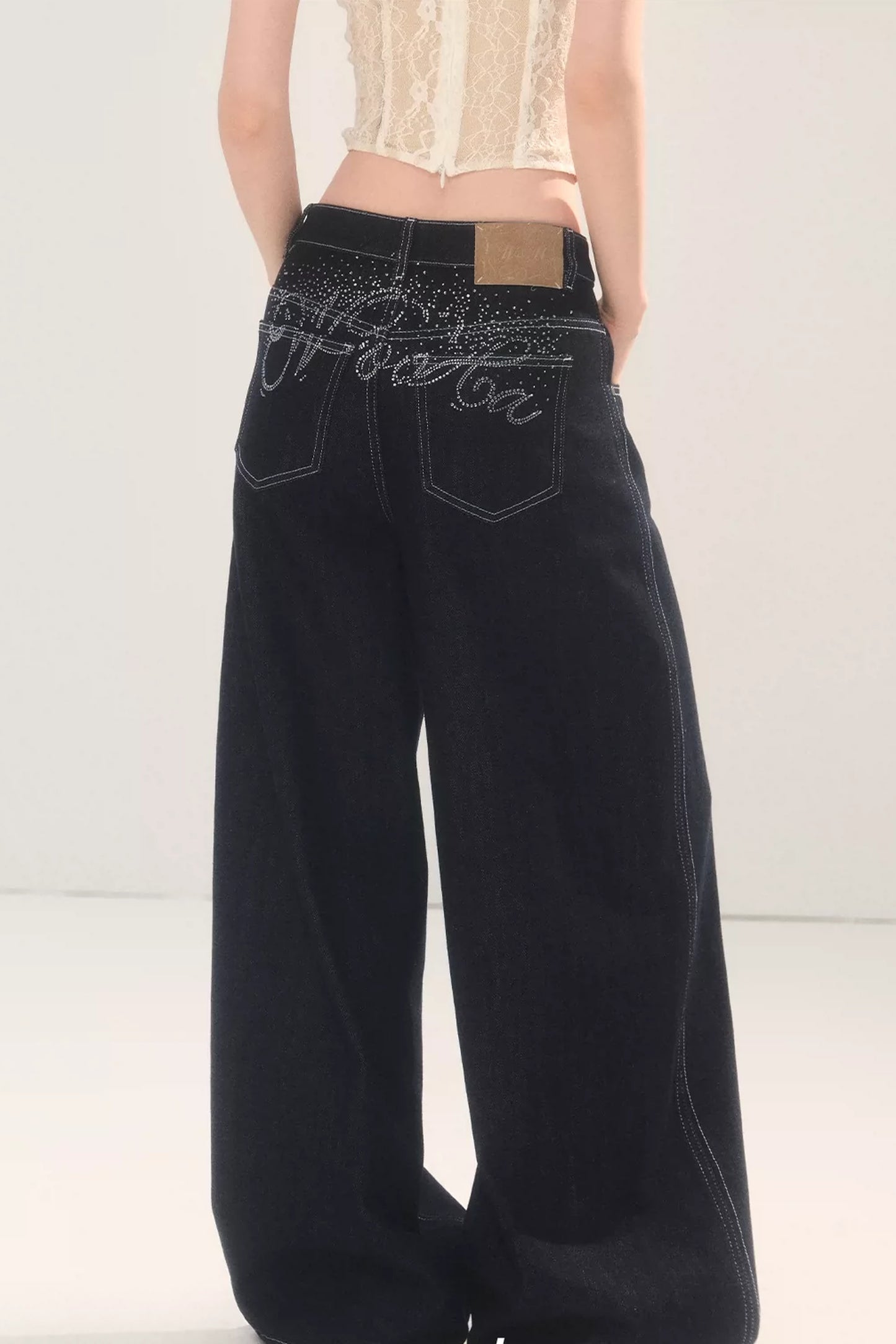 Rhinestone Wide-Leg Denim Pants