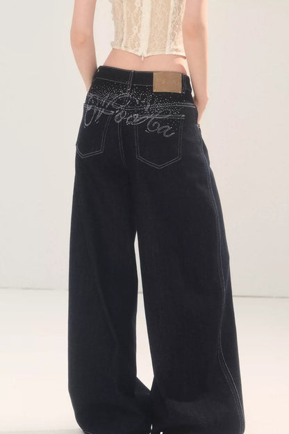 Rhinestone Wide-Leg Denim Pants