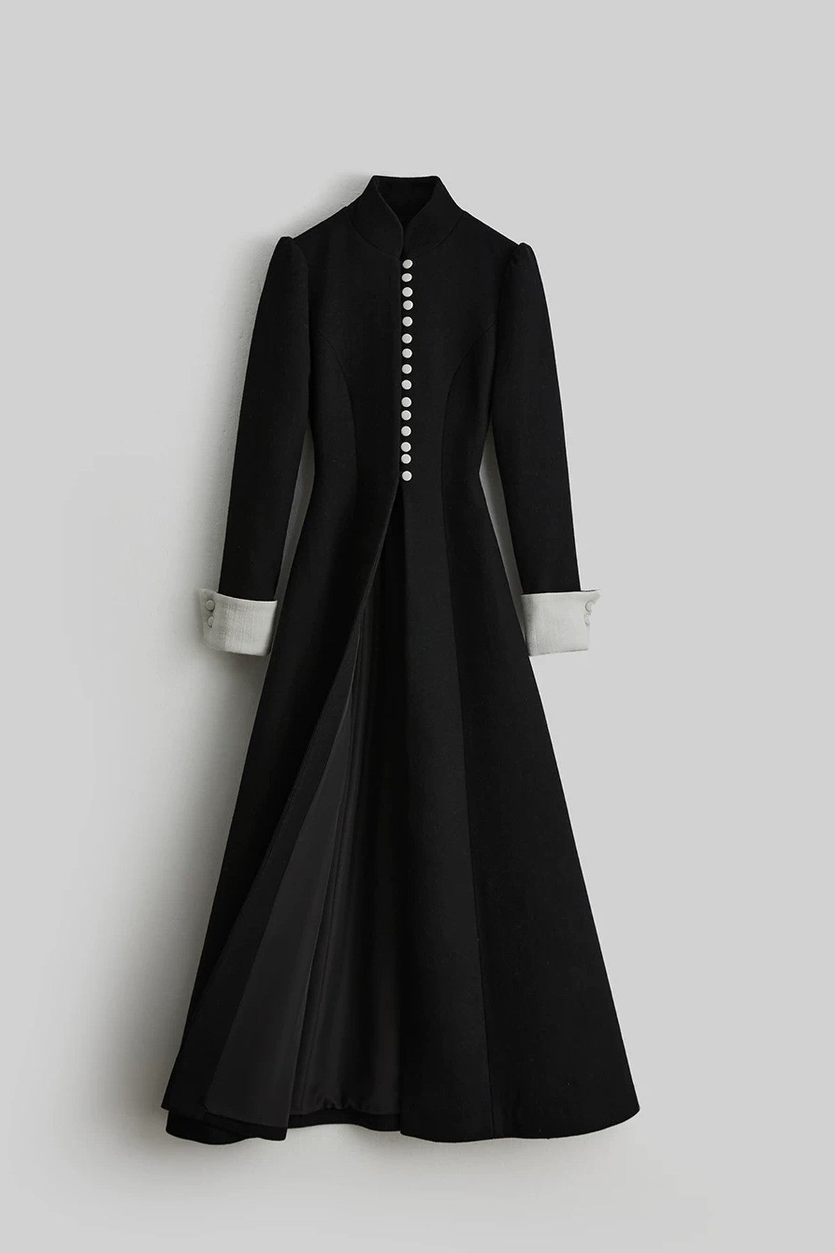 100% Wool Stand Collar Tie-Back Long Coat
