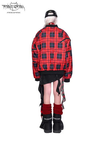 Flame Red Quilted Zipper Structure Patchwork Jacket