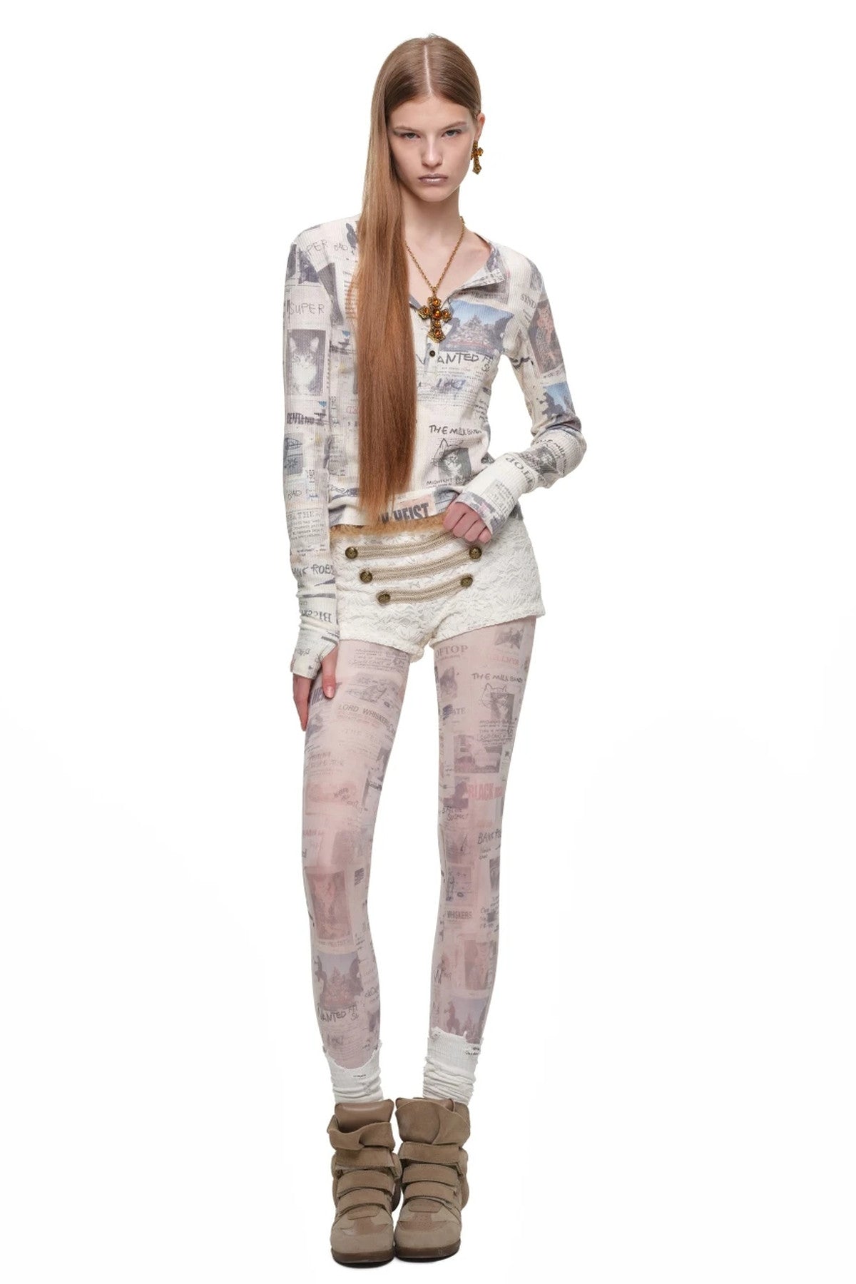 Retro Cat Irregular Newspaper Print One-Piece Stockings