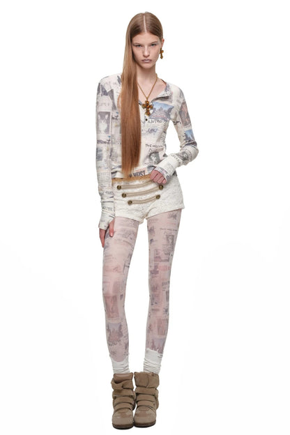 Retro Cat Irregular Newspaper Print One-Piece Stockings