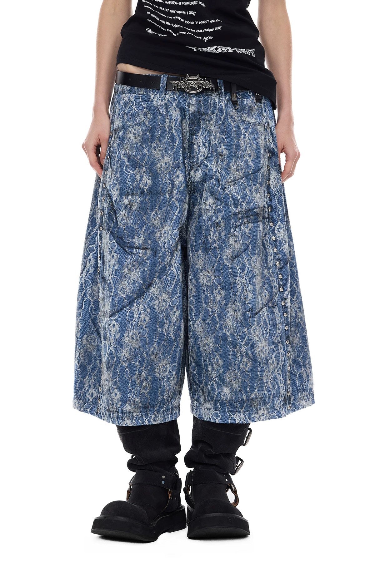 Rivet Structure Lace Denim Wide Leg Shorts