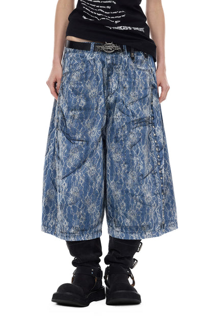 Rivet Structure Lace Denim Wide Leg Shorts