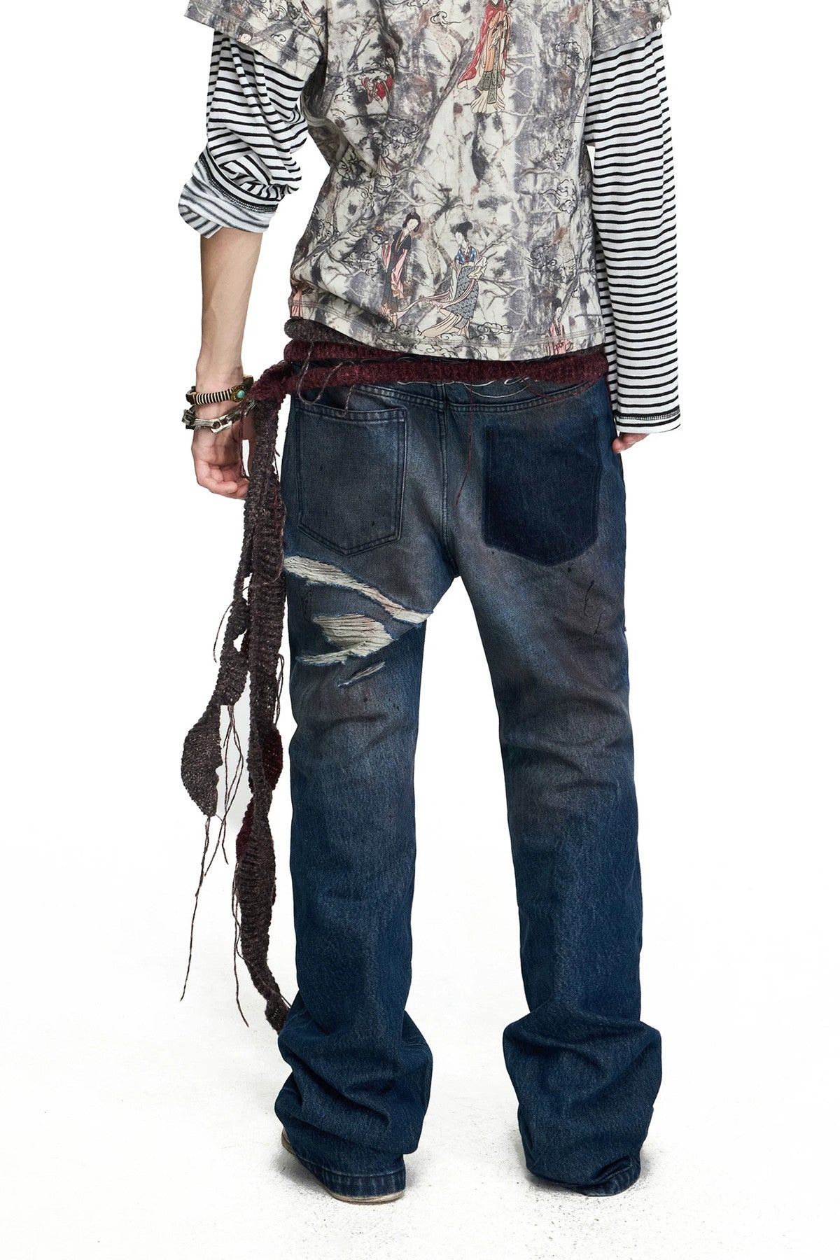 Star Stud Embroidered Washed Ripped Flared Jeans