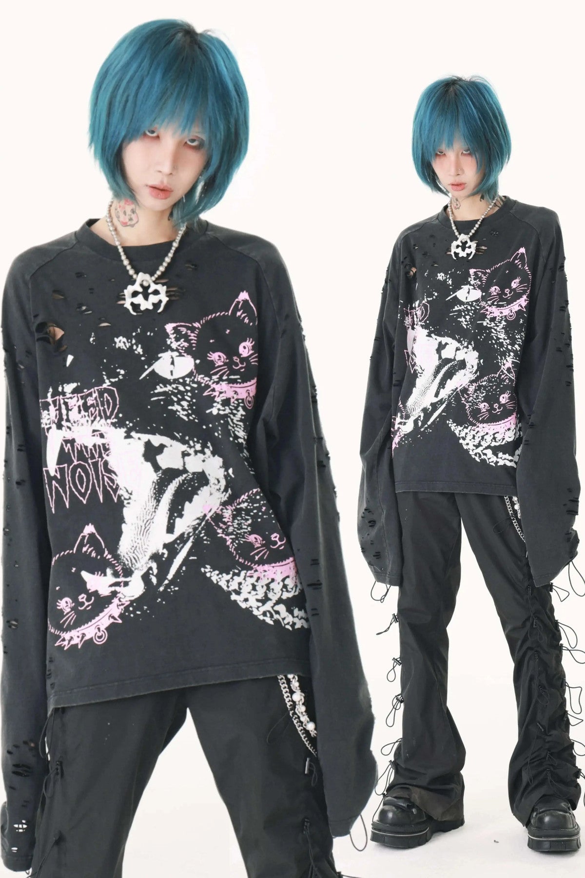 Pink Cat Washed Ripped Cuffs Long-Sleeve T-Shirt