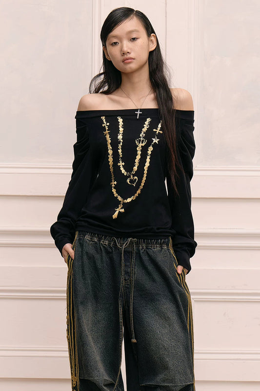 Gold Foil Necklace Raglan Top