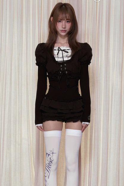 Angel Banquet Drawstring Puff Sleeve Short Cardigan
