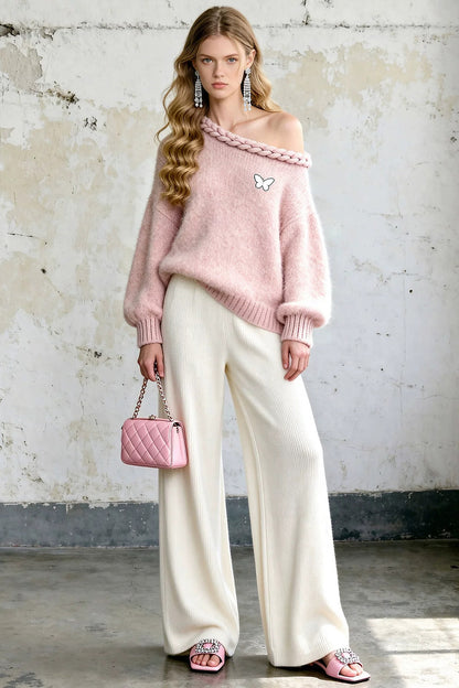 Pink Butterfly Off-Shoulder Sweater and Pants Set-Up