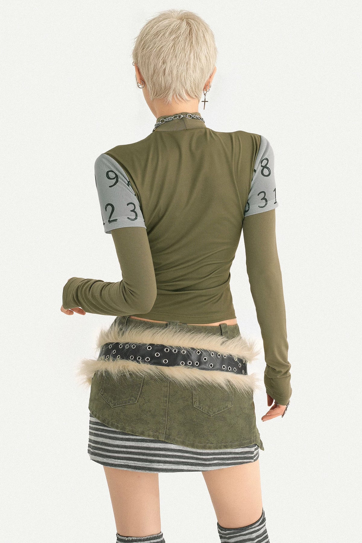 Printed Green Long-Sleeve Top and Skirt Set-Up