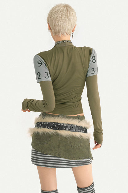 Printed Green Long-Sleeve Top and Skirt Set-Up