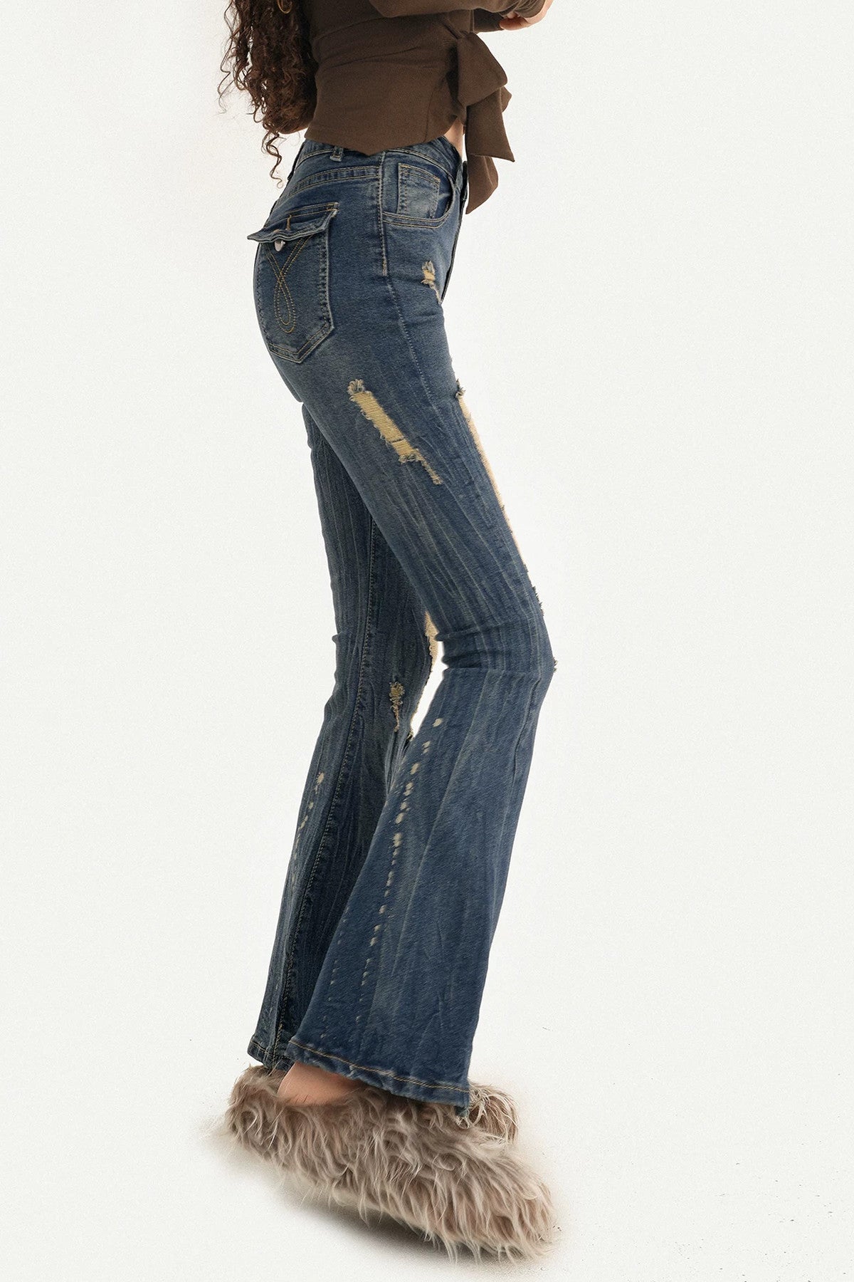 High-Waisted Ripped Straight Flared Jeans