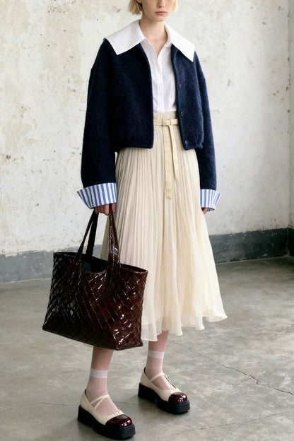 Collarless Woolen Jacket And Skirt Set-Up