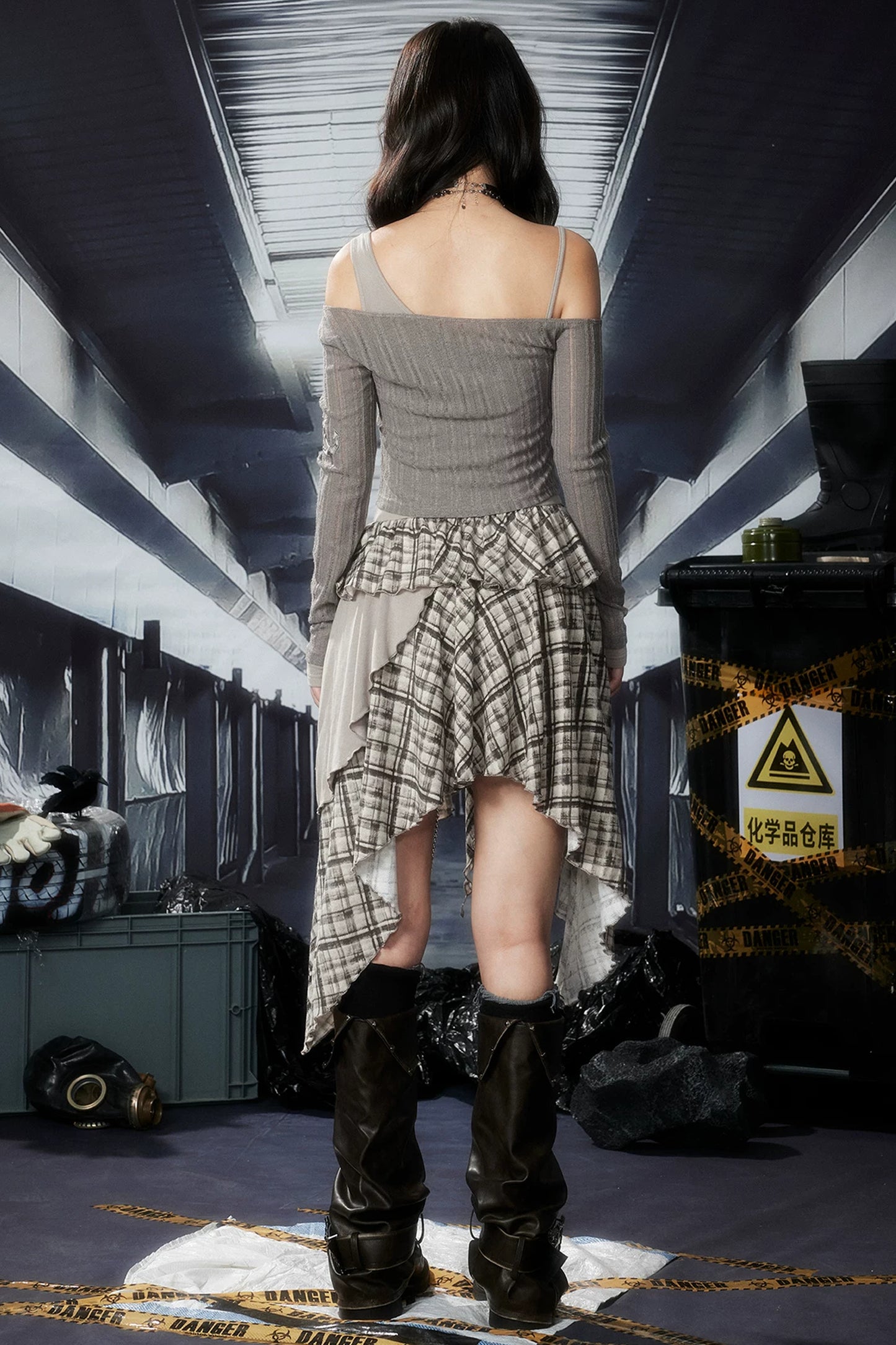 Plaid Ruffle One-Shoulder Dress