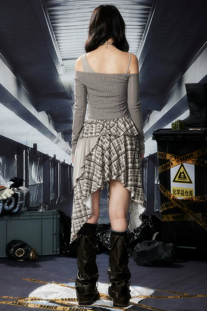 Plaid Ruffle One-Shoulder Dress