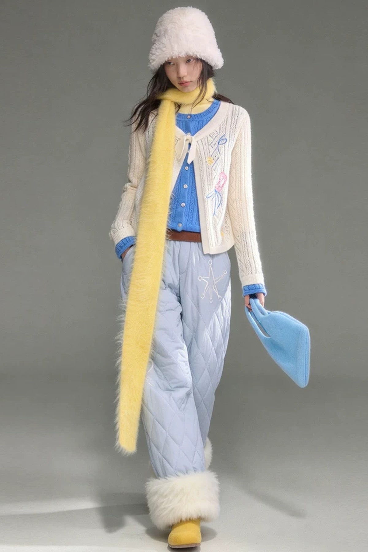 Two-Piece Wool-Blend Tulip Embroidery Knit Cardigan And Skirt Set-Up
