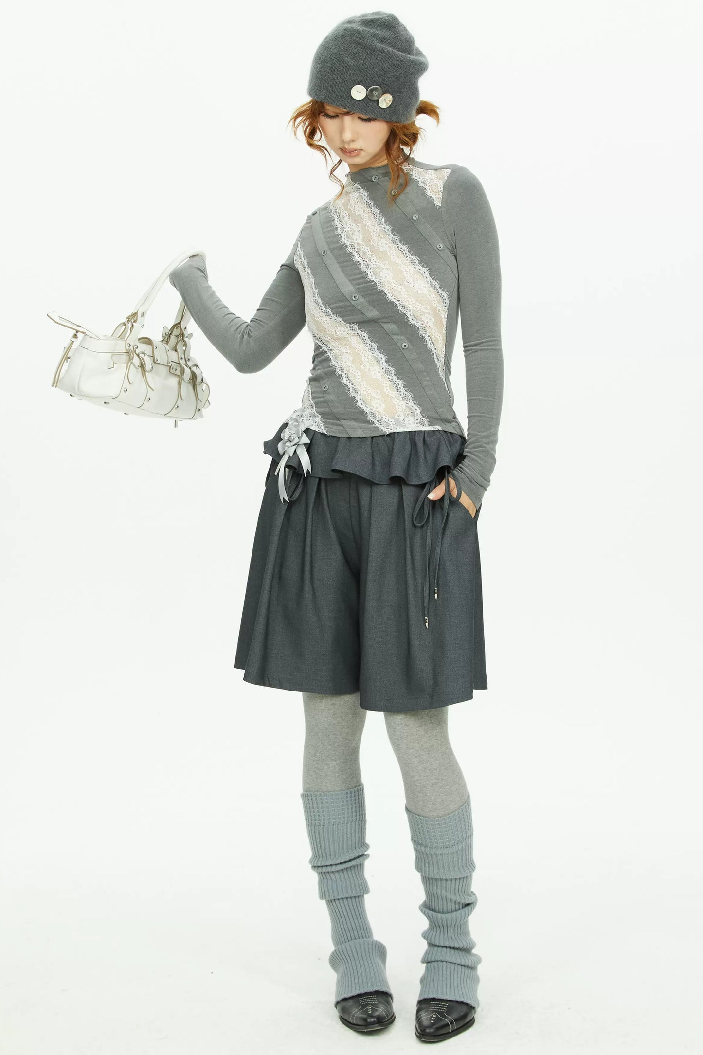 Gray Lace Knit Top