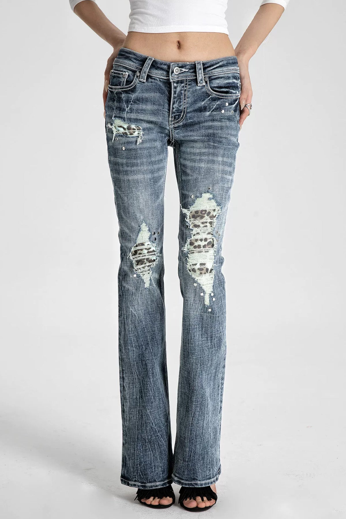 Patched Ripped Skinny Flared Jeans