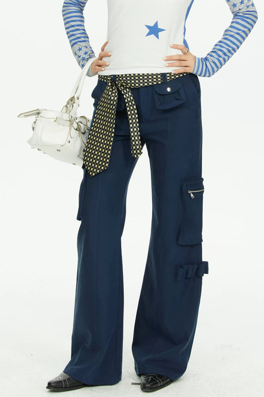 Navy Blue Multi-Pocket Wide-Leg Pants