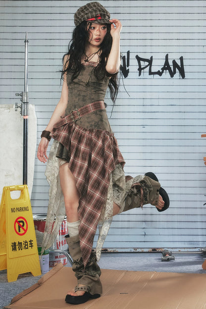 Plaid Asymmetrical Hem Layered-Look Dress
