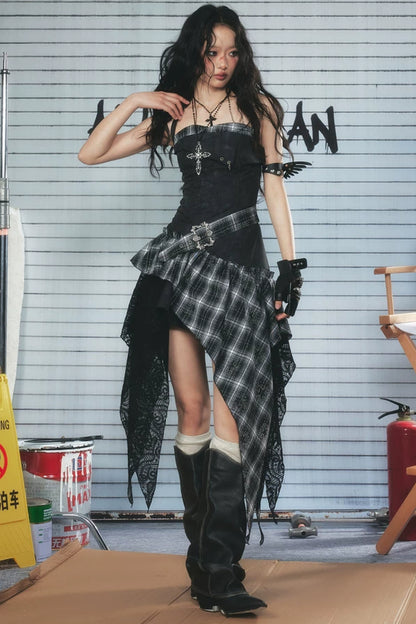 Plaid Asymmetrical Hem Layered-Look Dress