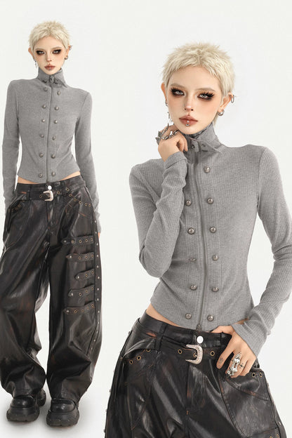 Grey Double-Breasted Zipper Knit Cardigan