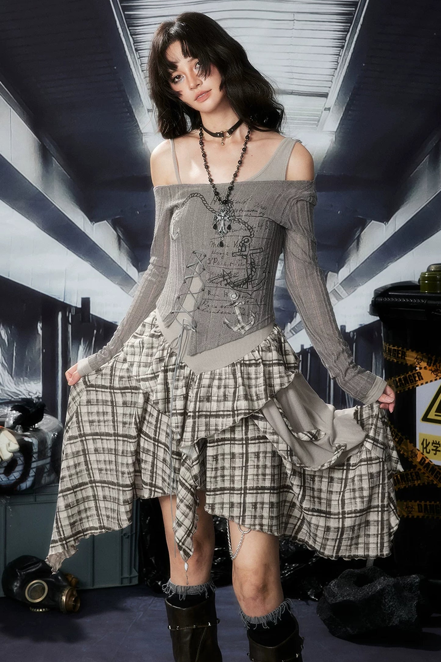 Plaid Ruffle One-Shoulder Dress