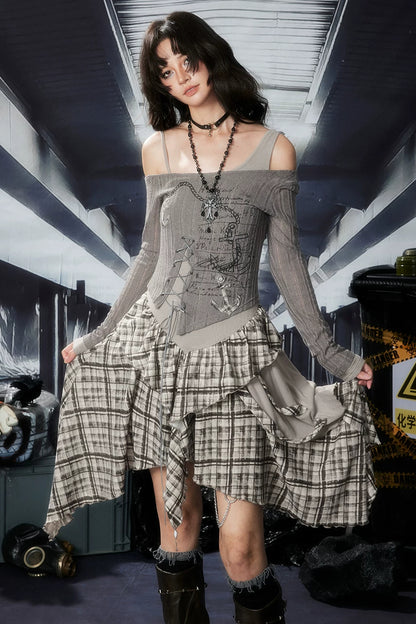 Plaid Ruffle One-Shoulder Dress