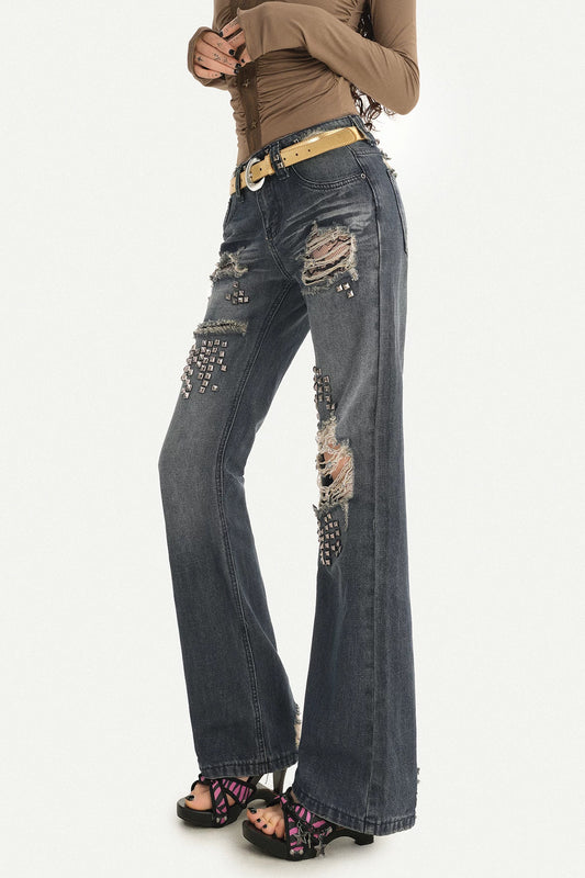 Studded Ripped Straight Jeans