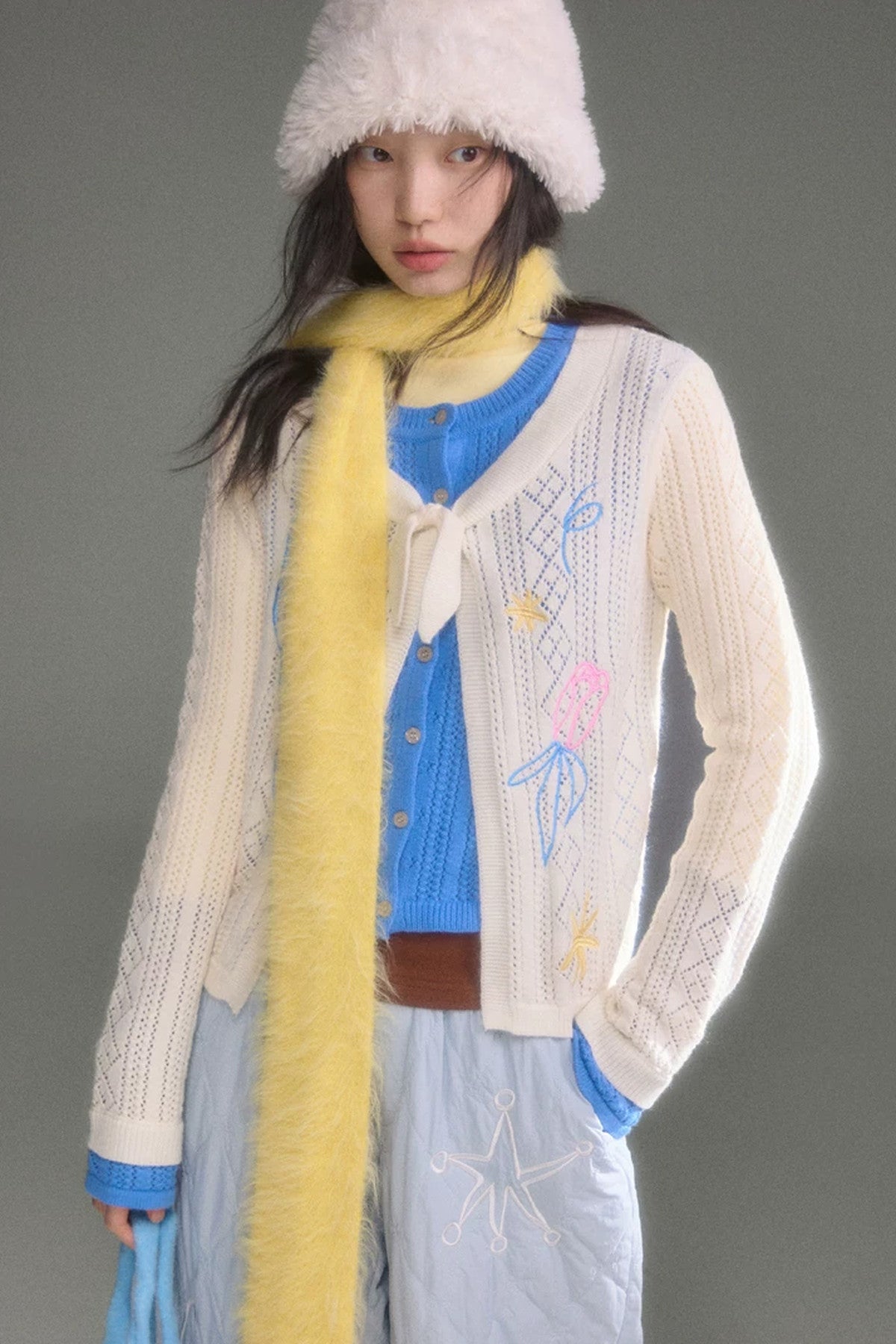 Two-Piece Wool-Blend Tulip Embroidery Knit Cardigan And Skirt Set-Up