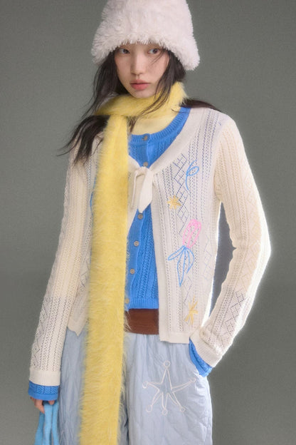 Two-Piece Wool-Blend Tulip Embroidery Knit Cardigan And Skirt Set-Up