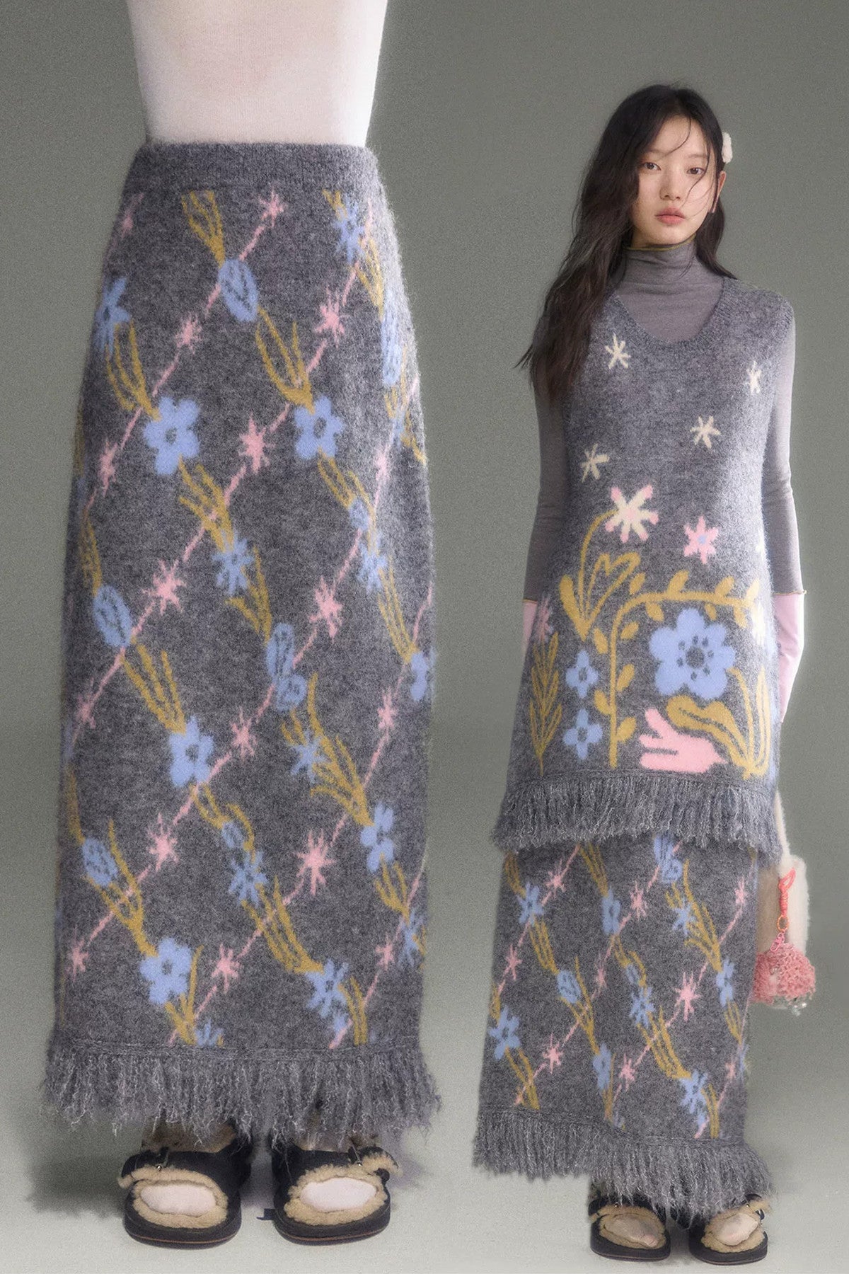 Tulip Floral Jacquard Knit Tassel Skirt