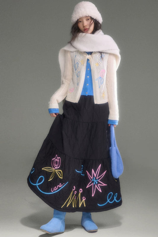 Two-Piece Wool-Blend Tulip Embroidery Knit Cardigan And Skirt Set-Up