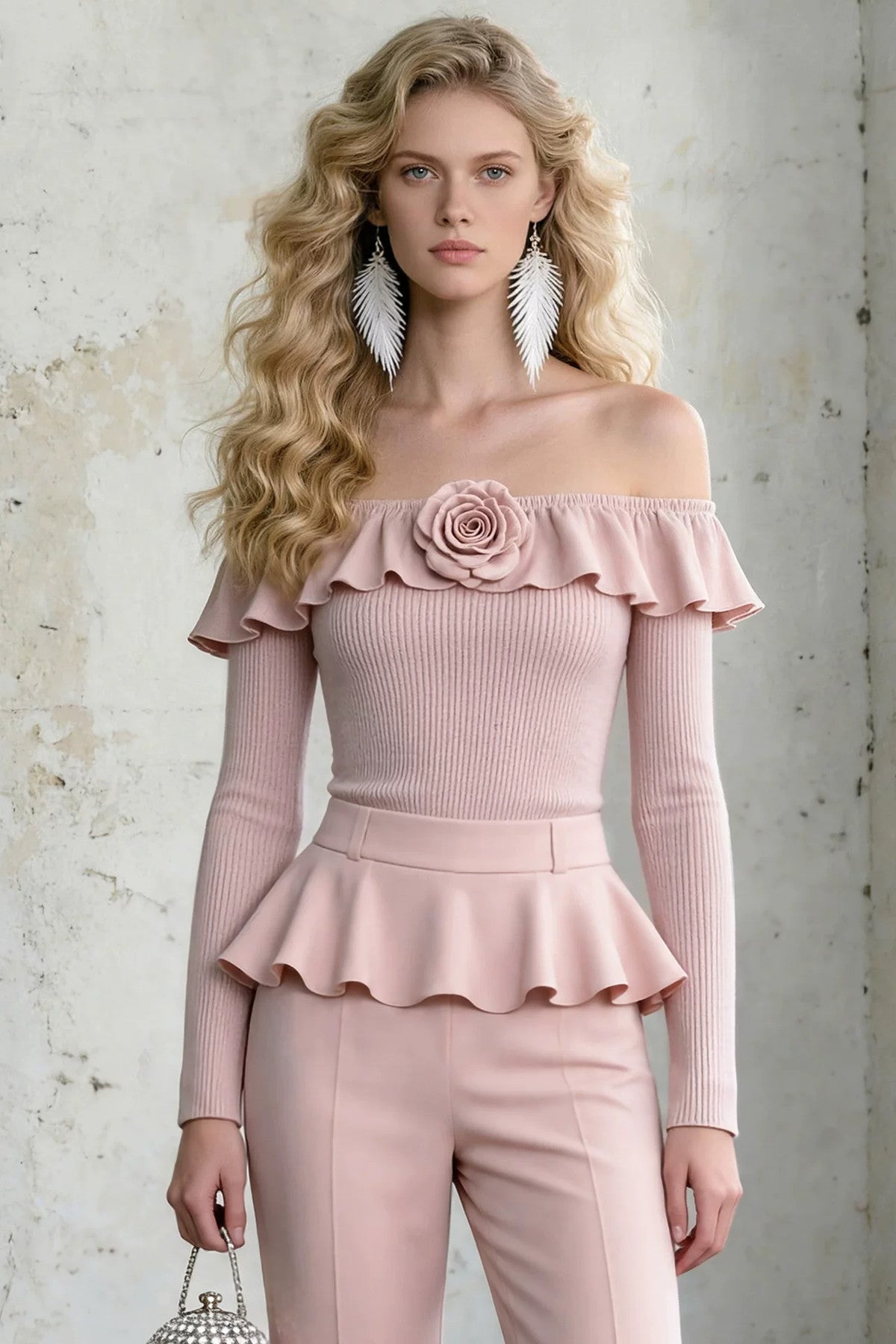 Pink Lotus Off-Shoulder Ruffle Top and Pants Set