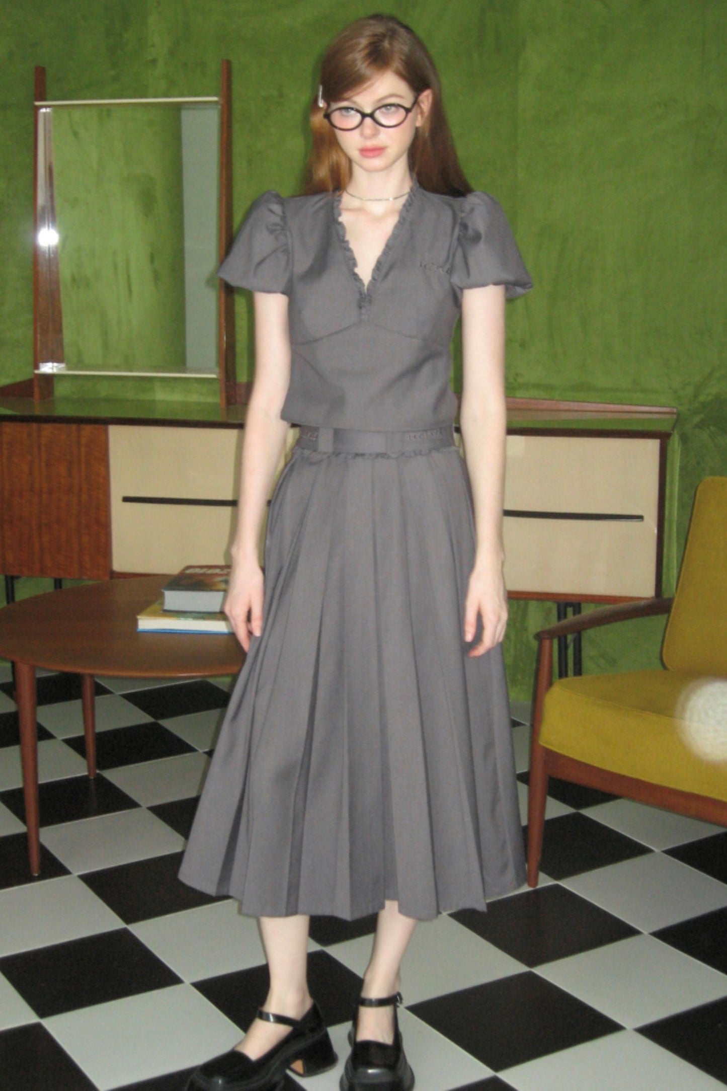 Dark Gray Pleated Skirt Set-Up