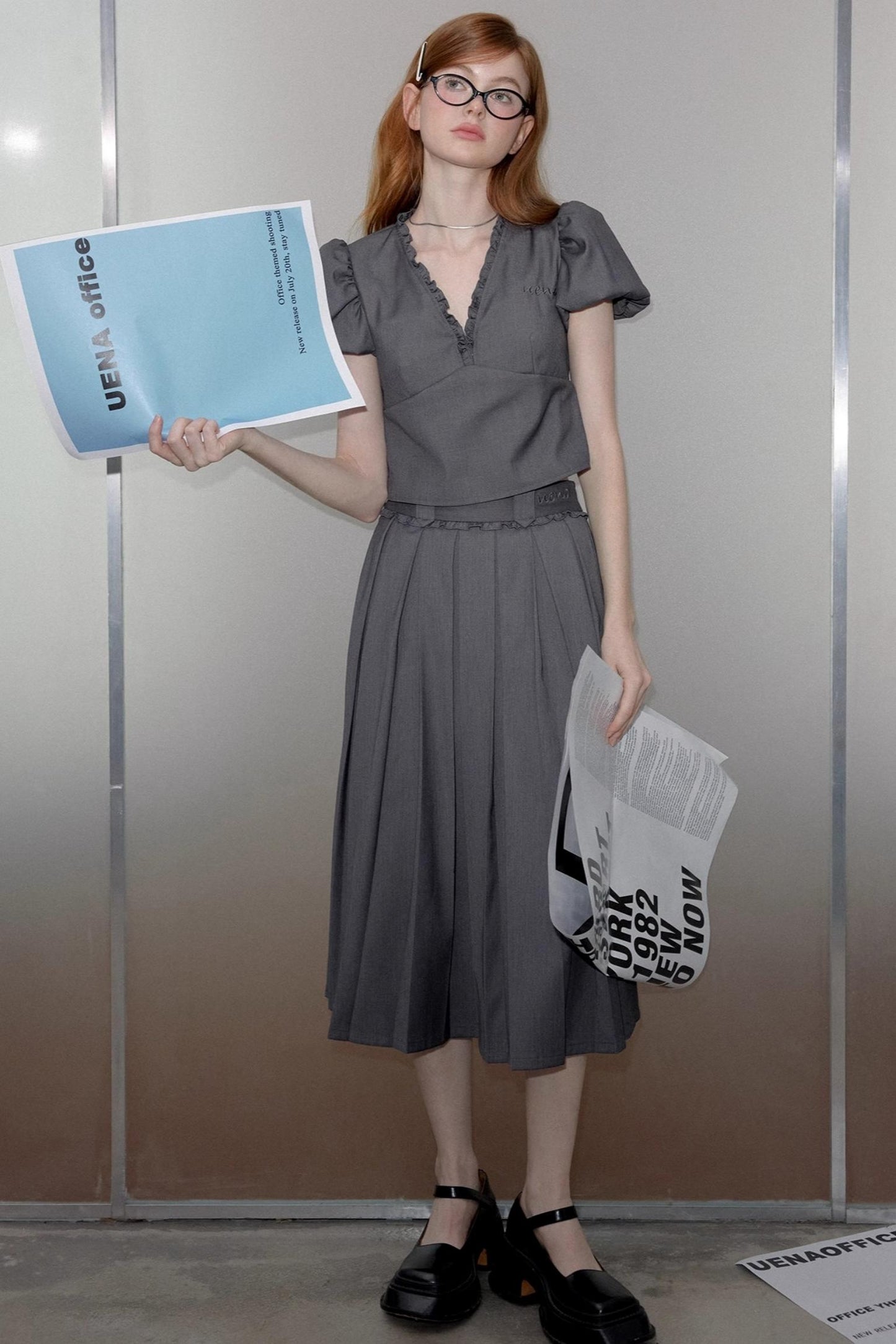 Dark Gray Pleated Skirt Set-Up