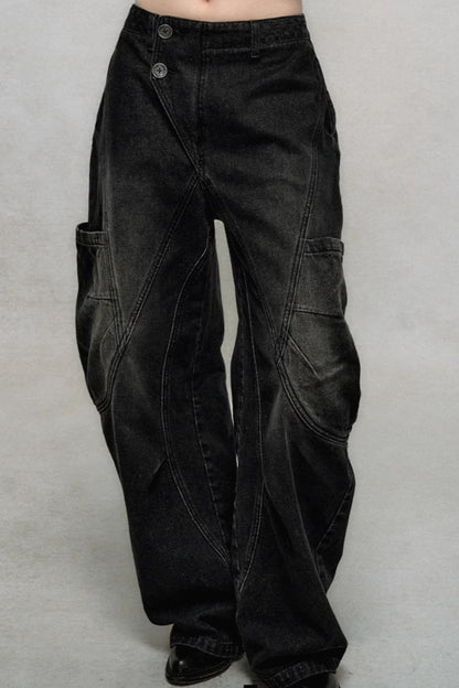 Diagonal Placket Wide-Leg Cargo Pants