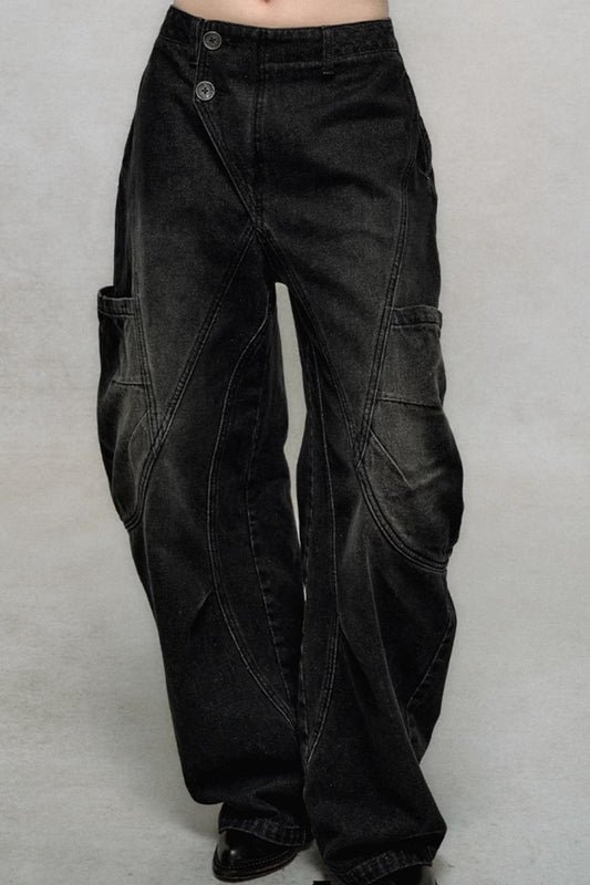 Diagonal Placket Wide-Leg Cargo Pants