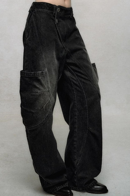 Diagonal Placket Wide-Leg Cargo Pants