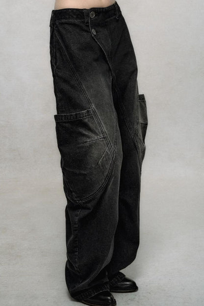 Diagonal Placket Wide-Leg Cargo Pants