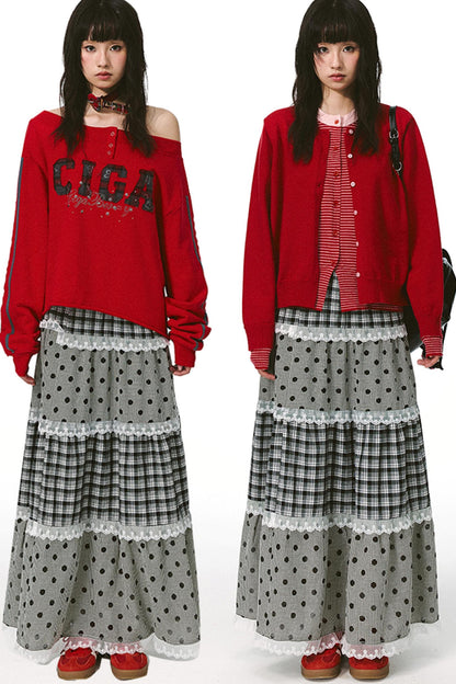 Plaid and Dot Lace Long Skirt