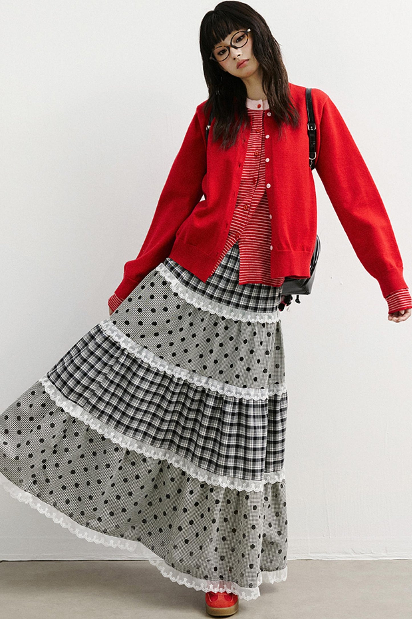 Plaid and Dot Lace Long Skirt