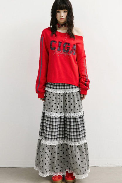 Plaid and Dot Lace Long Skirt