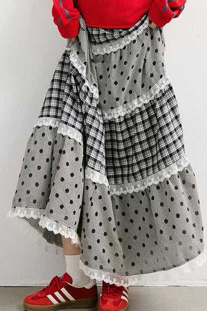 Plaid and Dot Lace Long Skirt