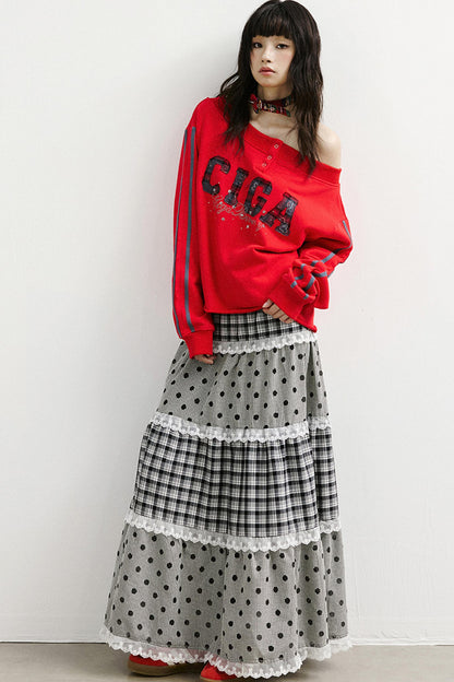 Plaid and Dot Lace Long Skirt