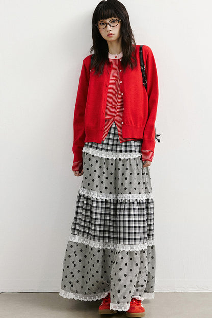 Plaid and Dot Lace Long Skirt