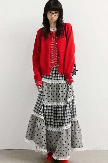 Plaid and Dot Lace Long Skirt