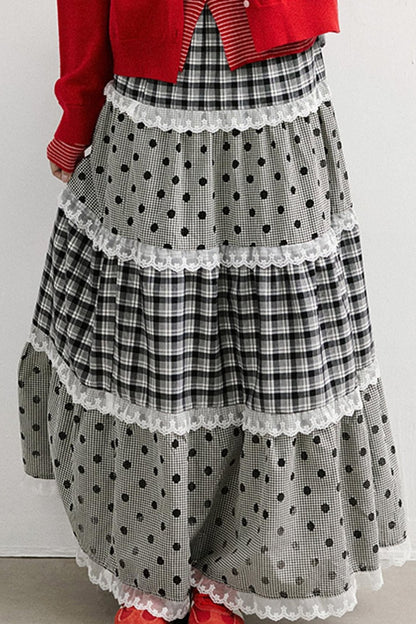 Plaid and Dot Lace Long Skirt