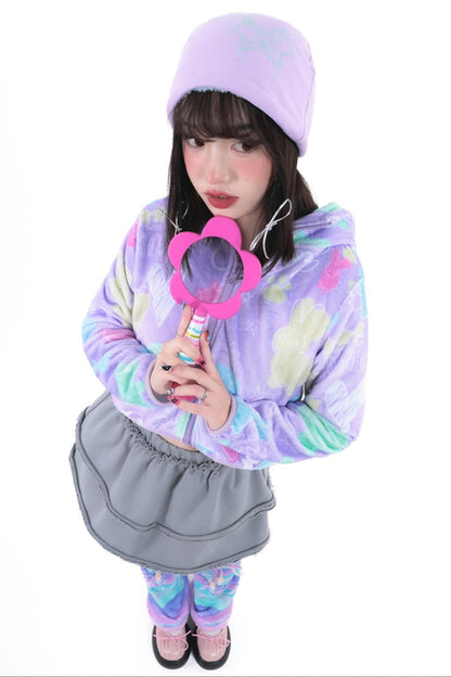 Purple Cropped Fleece Print Jacket